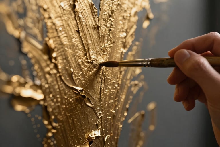 Close up of premium hand painted textured accent wall with custom gold leafing by Kiroula Arts
