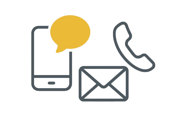 Icons of a phone, email envelope, and chat bubble representing ways to contact Life Transition Partn