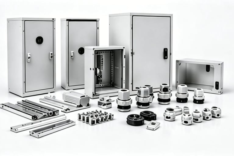 Collection of industrial electrical enclosures, cable glands, and metal mounting rails for power distribution.