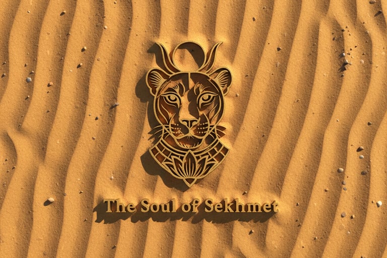 Image of sytlized lioness symbol and text "The Soul of Sekhmet" half-buried in sand.