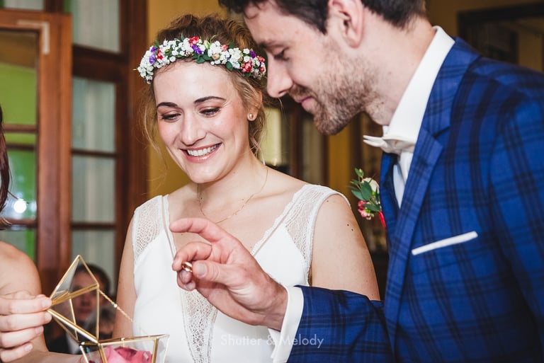Bride and groom exchanging wedding rings.