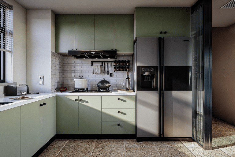a kitchen with a refrigerator and a refrigerator freezer