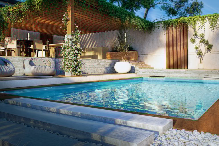 Rendu 3D piscine haut de gamme et pergola, materiaux premium