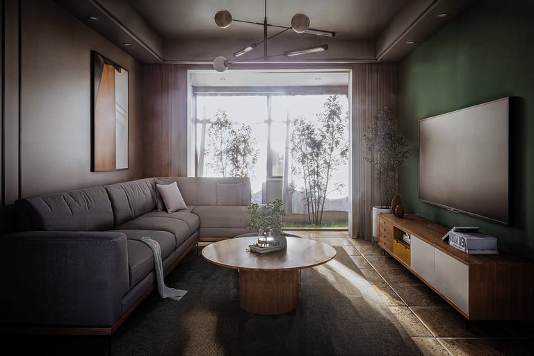 a living room with a couch and a television