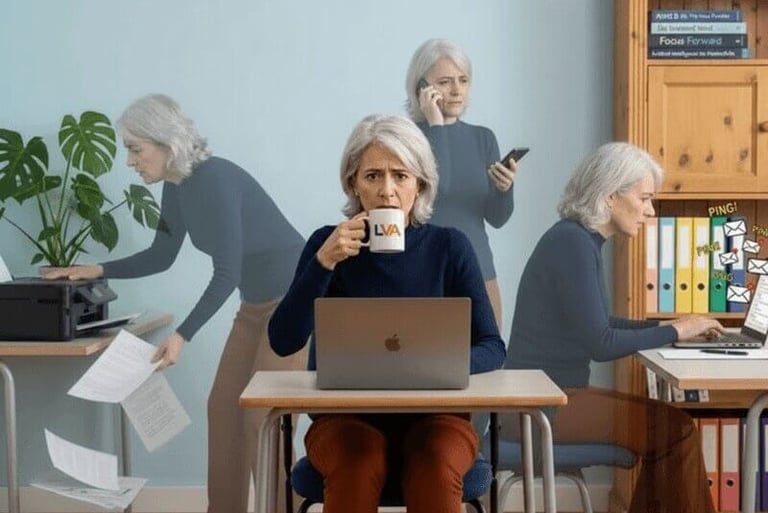 Woman at desk, surrounded by ghost images of herself multitasking and reacting to demands.