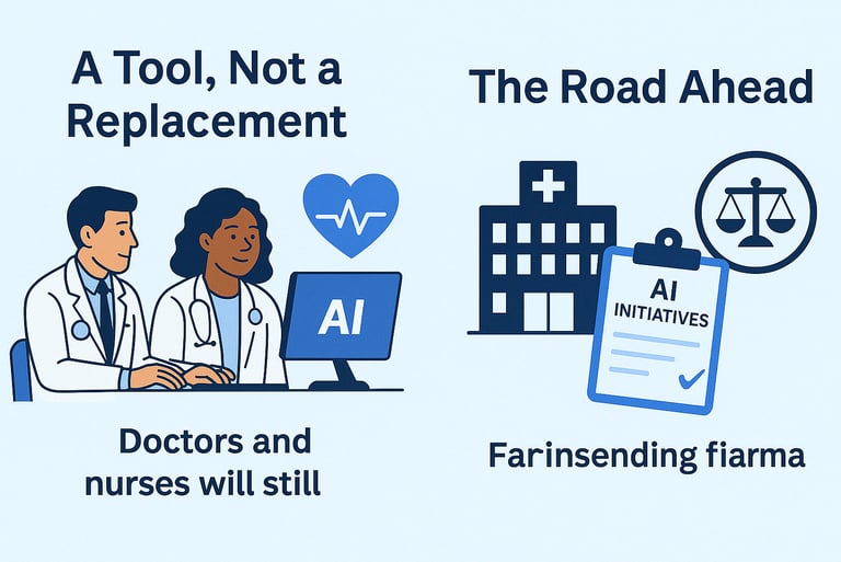 Graphic showing AI ethics in healthcare: data privacy, bias, and accountability