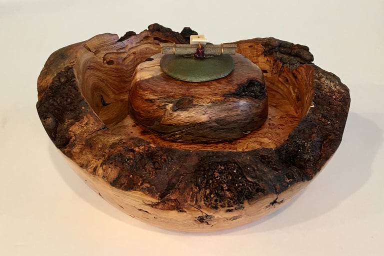 Black Cherry Burl Natural Edge Lidded Box with Raku, Twig Bundle & Copper Wire Finial