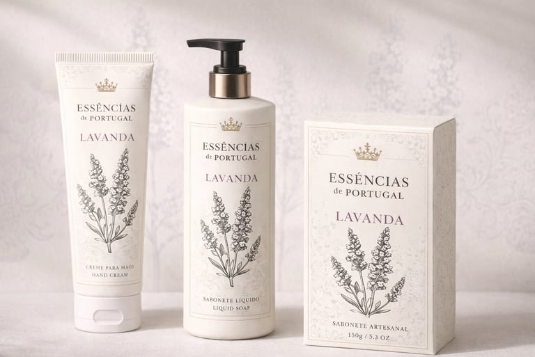 Sistema visual da marca Essências de Portugal com ilustração botânica aplicada a embalagens de cosmética natural