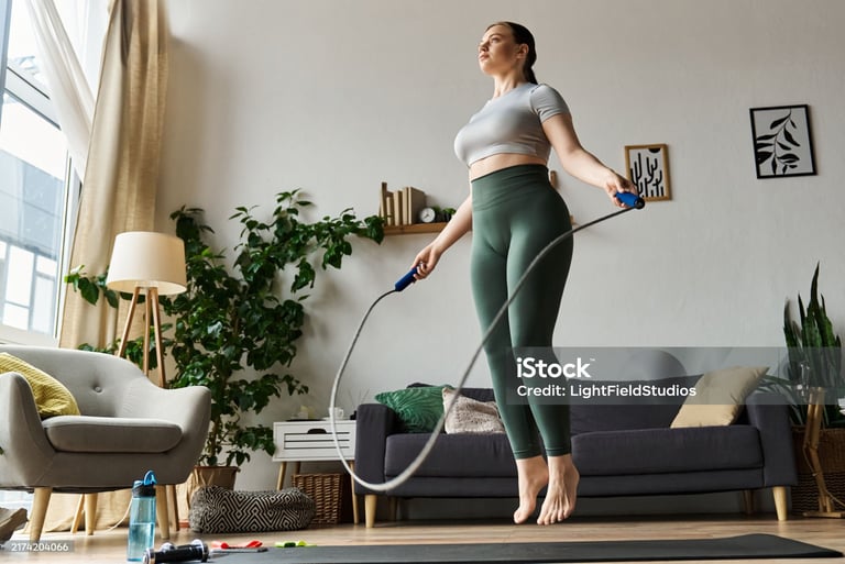a woman in a sports bra and leggings is doing a jump
