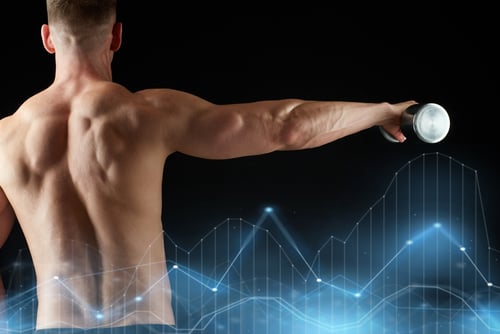 Muscular man performing dumbbell lateral raises with data performance growth charts overlay.