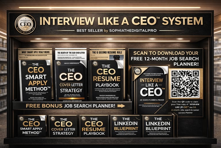 Interview Like a CEO system display featuring resume playbooks, cover letter strategies, and a LinkedIn blueprint for job