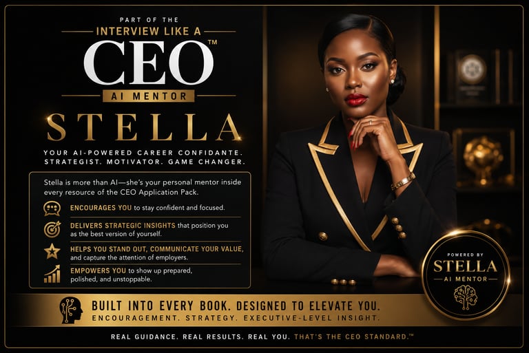 Stella AI mentor for career coaching and interview preparation featuring a professional woman in a black and gold suit.