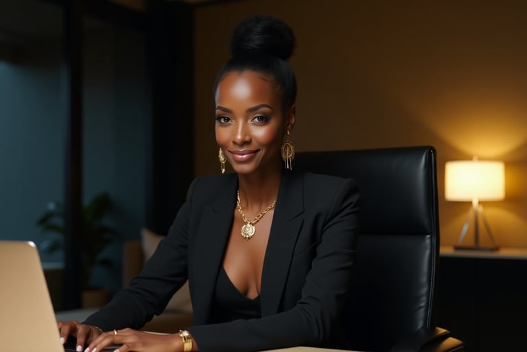 a woman in a black suit and gold jewelry