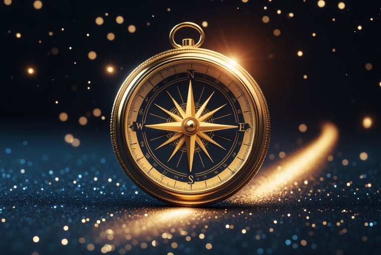 a gold compass rosette with a compass on a blue background