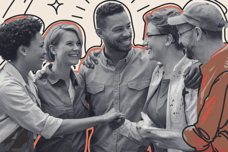 Image de travailleurs en vêtements de tous les jours accueillant chaleureusement un nouveau membre dans leur syndicat, symbol
