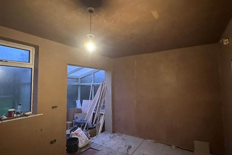 Walls skimmed using multi-finish plaster.