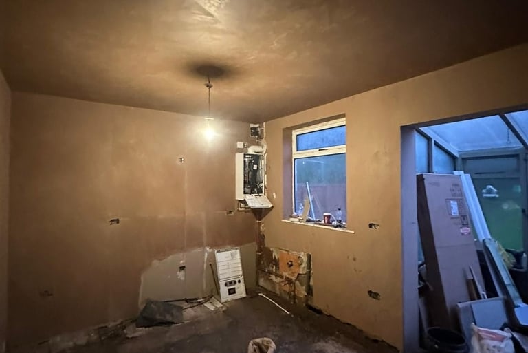 Walls mostly skimmed so that work on the kitchen refit can begin.
