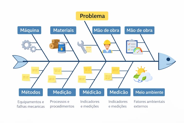 Exemplo do diagrama de Ishikawa com os 6Ms para análise de causa raiz em processos