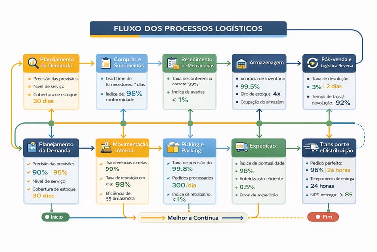 Fluxograma logístico com KPIs por etapa, padrão ISO, processos organizados e melhoria contínua