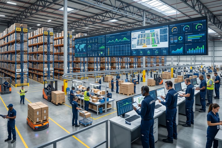 "Centro logístico integrado com painéis de dados digitais e equipe em operação."