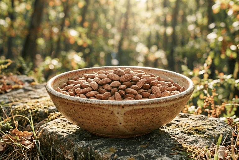 Almendras en tazón rústico con en una piedra