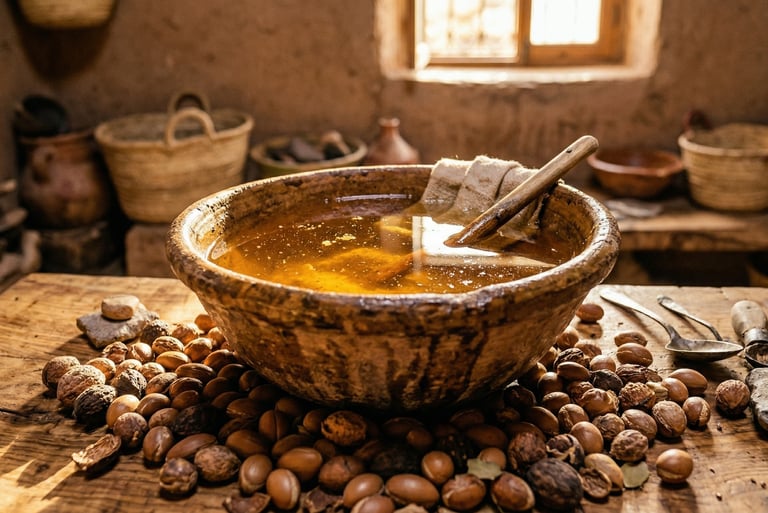 S&B El Artesanal Aceite de Argán Marroquí en mesa de madera en taller con frutos