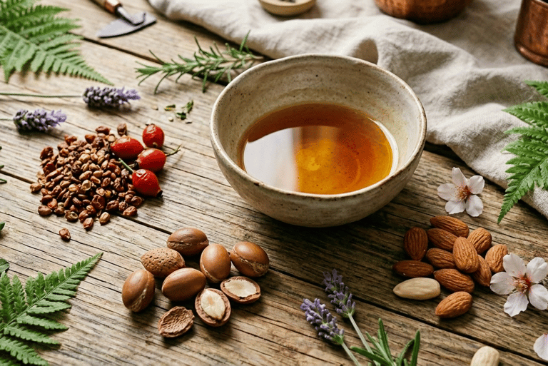 Aceite en un tazón con cemillas semillas y hojas verdes en la mesa de madera