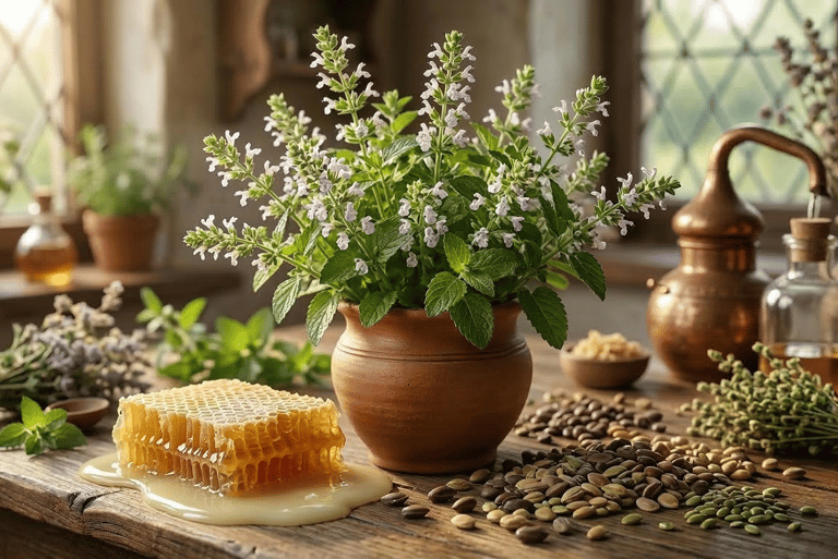 Ingredientes S&B: Toronjil Blanco, cera de abeja y semillas de Cassia (Ácido Hialurónico Vegetal) en mesa rústica.