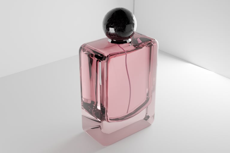 a pink perfume bottle with a black and white background