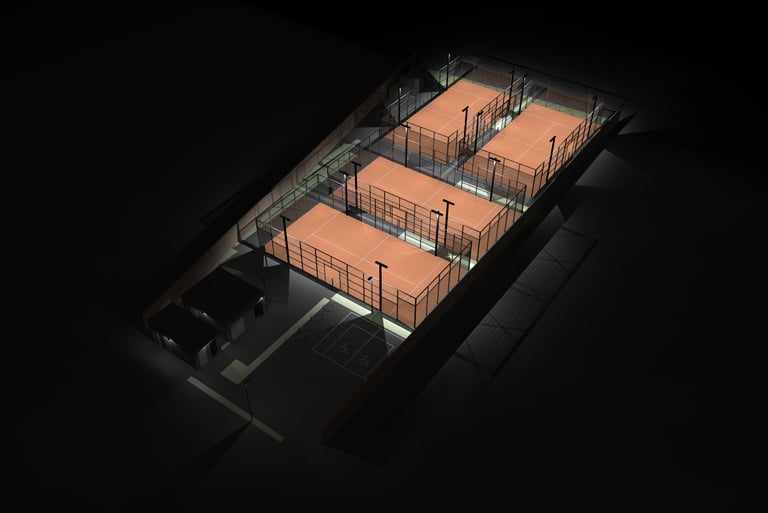 A floodlit padel court venue with 4 terracotta outdoor padel courts, a bar building and an office