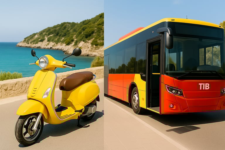 Comparativa de opciones de transporte económico en Mallorca: un scooter amarillo en una carretera costera y un autobús TIB ro