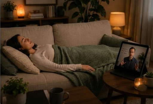 ソファに横になってタブレットでオンライン催眠療法を受けている女性の様子