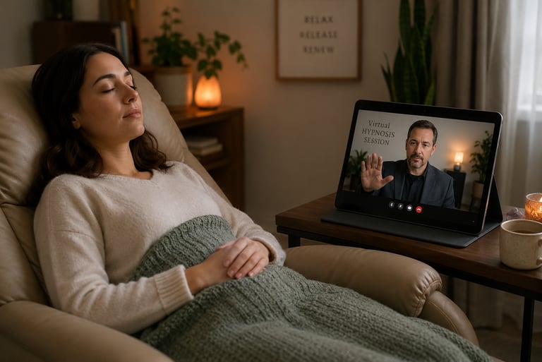 リクライニングチェアにもたれタブレットでオンライン催眠療法を受けている女性の様子