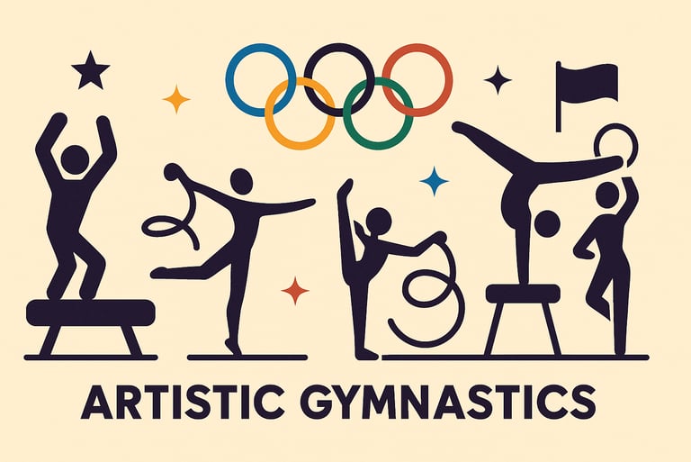 Icon-style Olympic-themed illustration of artistic gymnastics silhouettes performing floor, beam, an