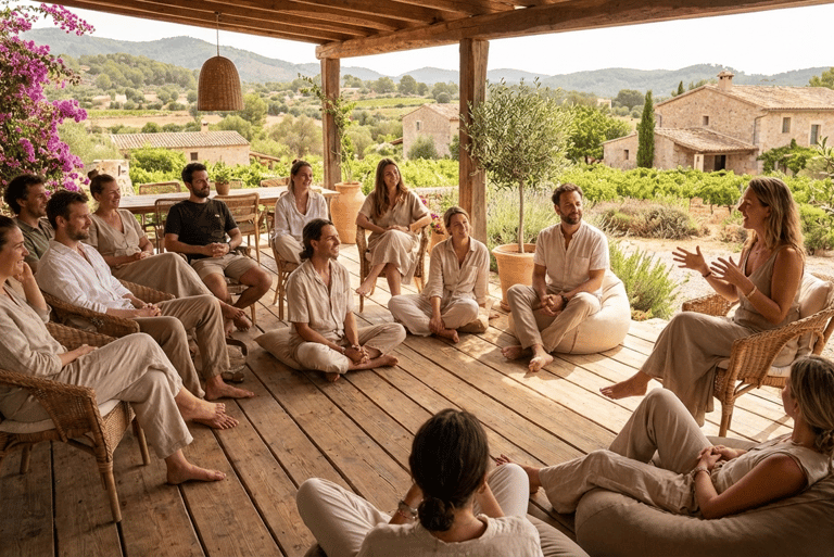 Gruppe von Menschen in einem theoretischen Meditationskurs
