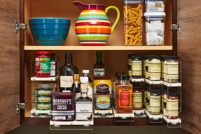vertical spice rack pull-out drawer in small kitchen cabinet for apartment organization
