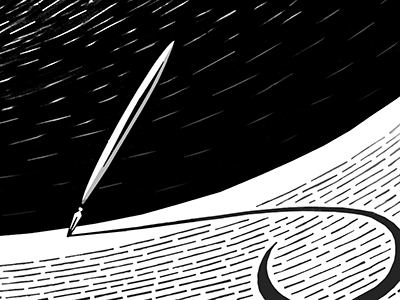 Black-and-white illustration of a pen drawing a swirl on paper