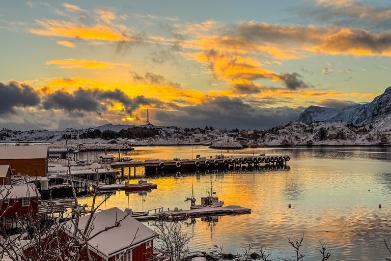 Rainbow over the harbor in Moskenes, Lofoten