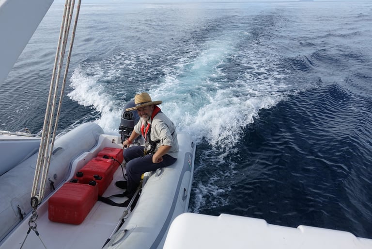 Gary using the tender to push Paje into port