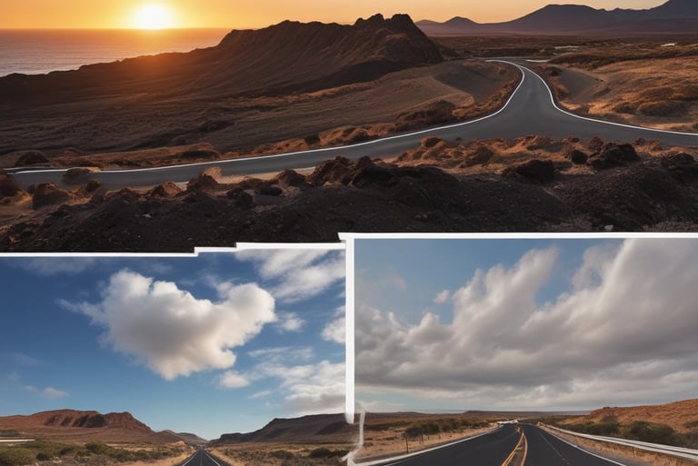 a series of four different images of a road