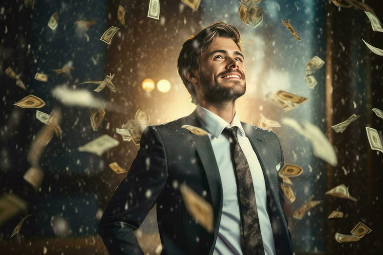 imagem de um jovem empresário bem sucedido pensando em dinheiro.