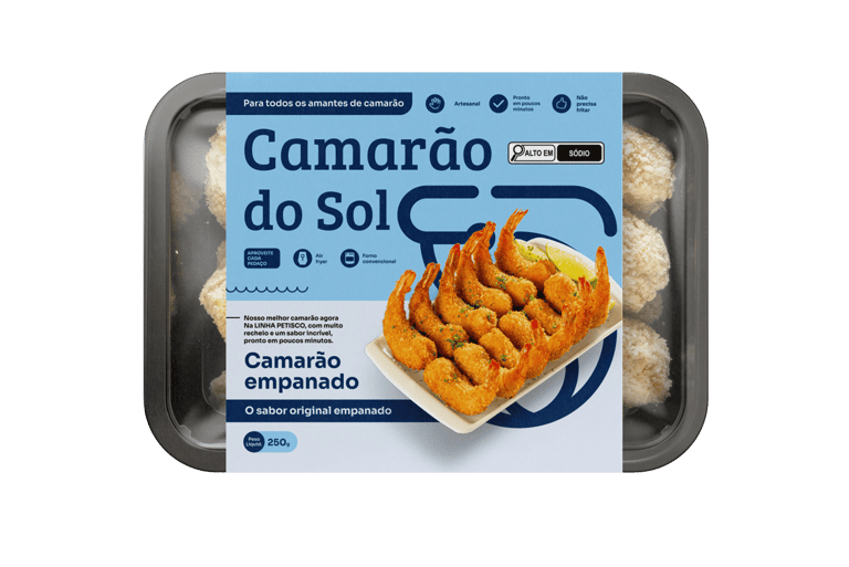 Embalagem de camarão empanado Camarão do Sol pronta para preparo