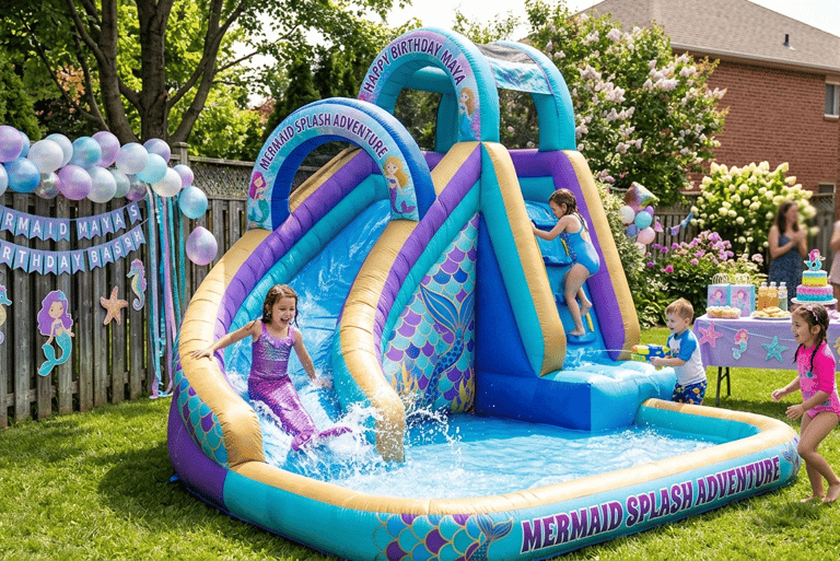 inflatable water slide in a backyard with mermaid decorations in yard and small children