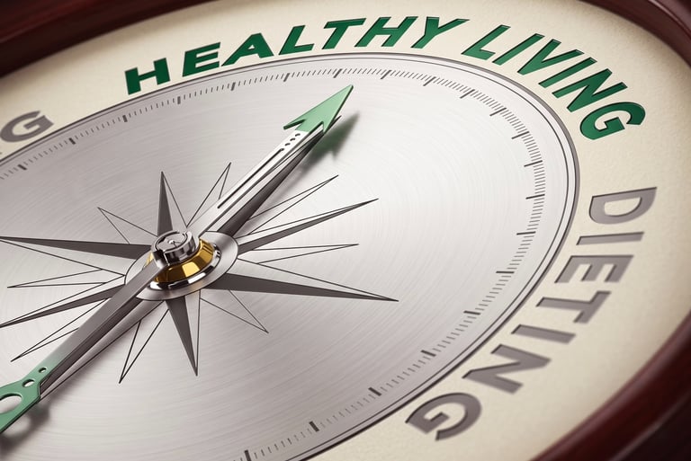 A conceptual compass pointing towards healthy living and dieting for a wellness lifestyle.