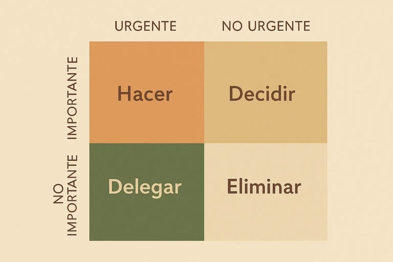 Infografía de la Matriz de Eisenhower en cuatro cuadrantes: importante y urgente, importante y no ur