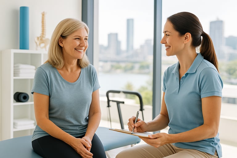 A physiotherapist helping an elderly female patient with menopause