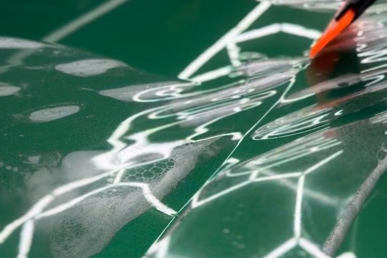 Clear PPF film protecting car paint from rock chips.