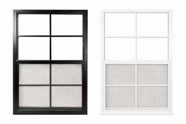 Shed window accessory available in white or black vinyl frames to improve lighting, ventilation, and appearance.