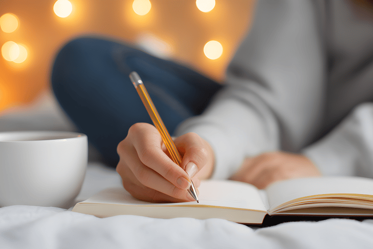 cup of coffee next to journal and pencil