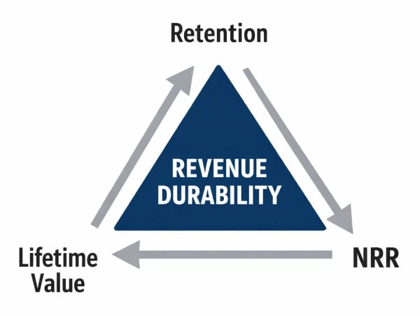 Revenue durability model linking retention, net revenue retention (NRR), and lifetime value (LTV)